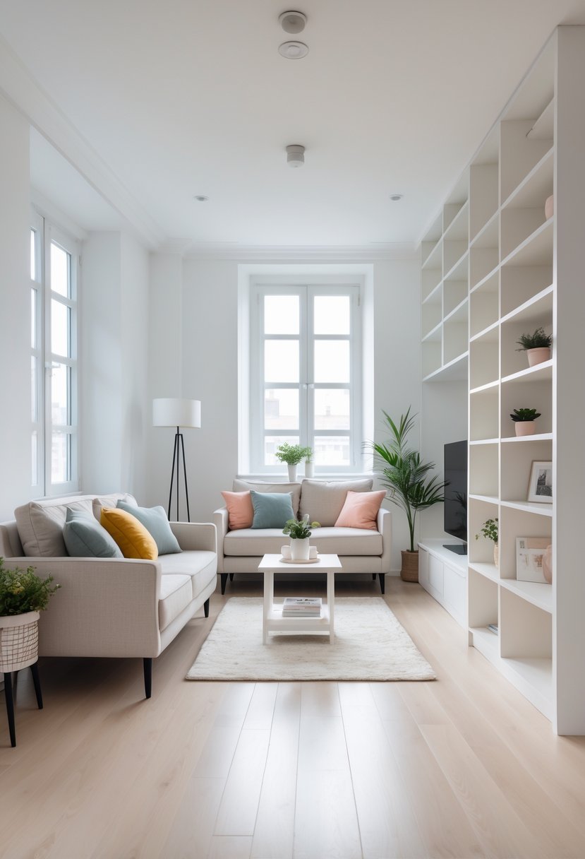 A small living room with neatly arranged furniture and clear walking paths, featuring a sofa, coffee table, shelving unit, and natural light.