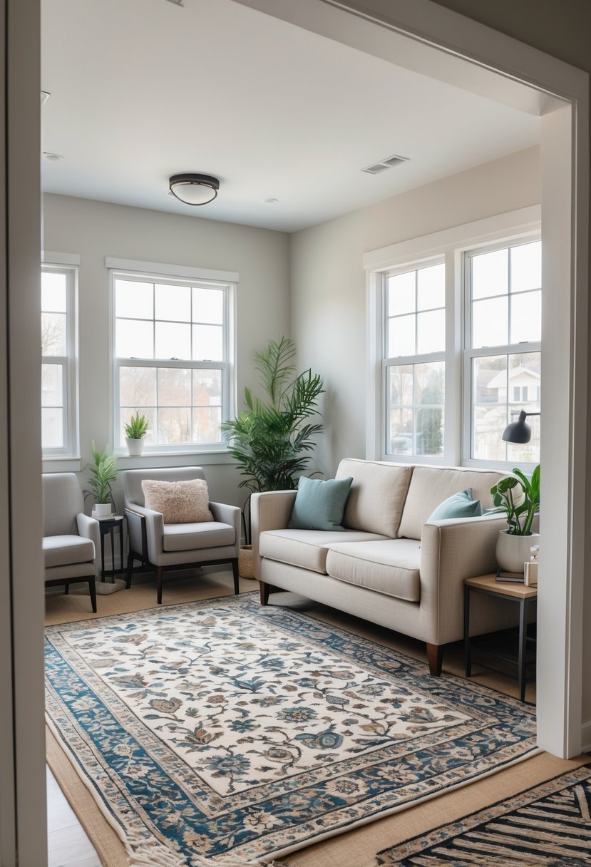 A small living room with area rugs defining separate seating and reading zones, featuring a sofa, armchairs, and natural light from windows.