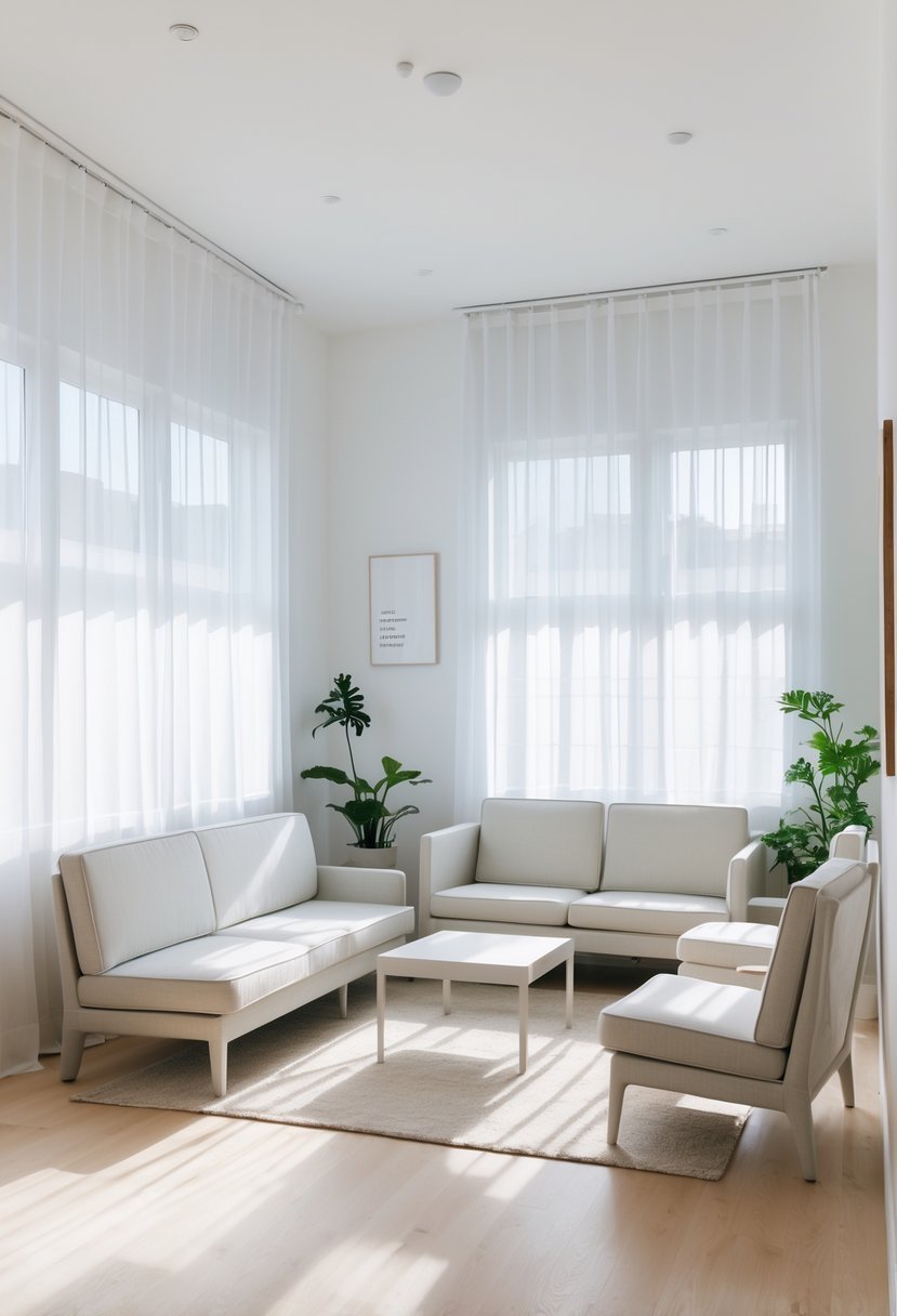 A small living room with slim sofas and chairs arranged around a coffee table, illuminated by natural light from large windows.