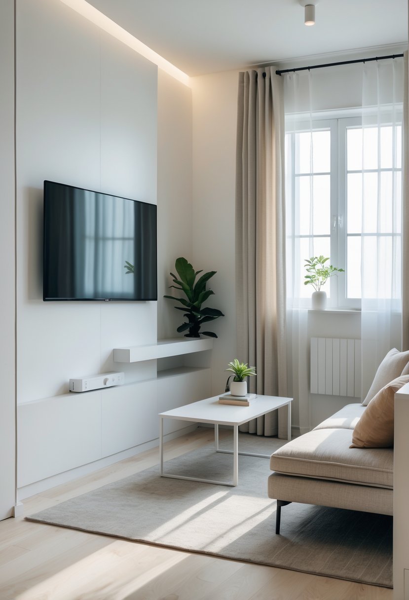 A small living room with a flat-screen TV mounted on the wall, a sofa, coffee table, and a small plant near a window.