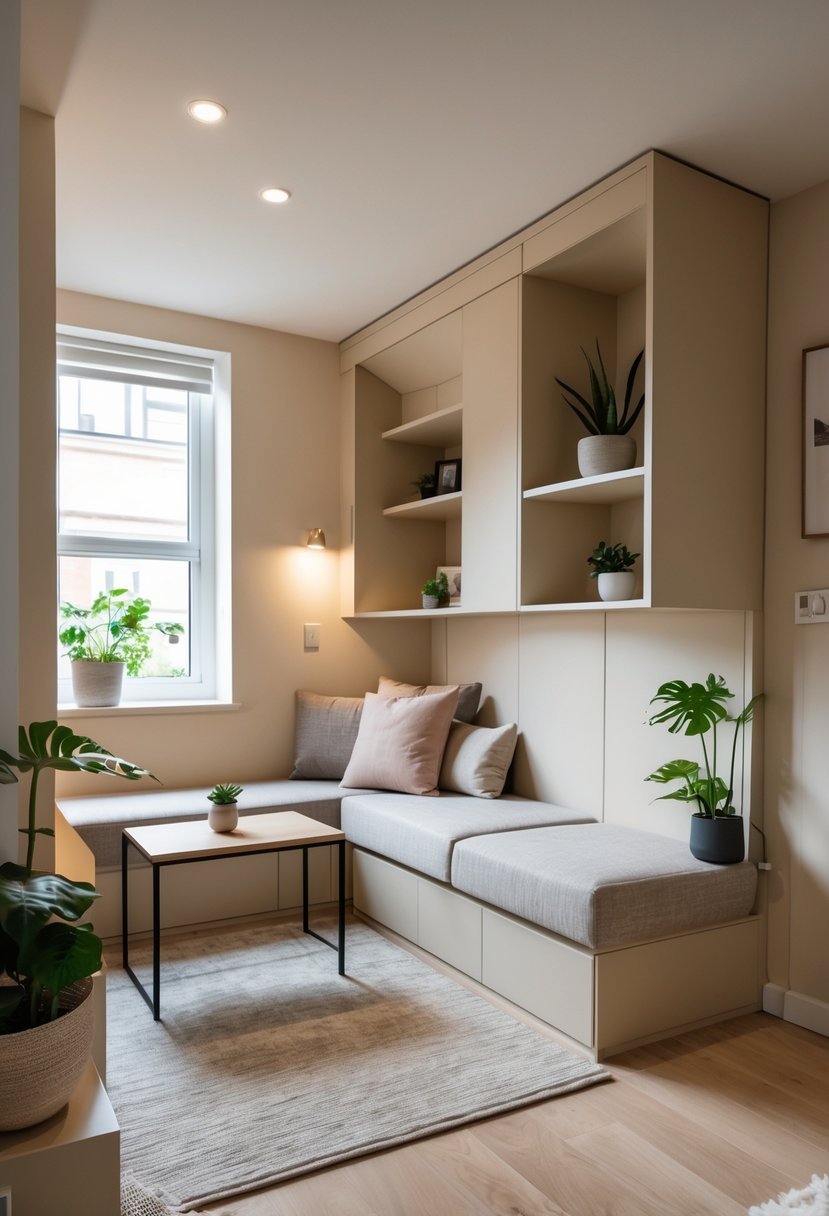 Small living room with built-in storage units fitted into an awkward corner, a sofa, coffee table, and plants.
