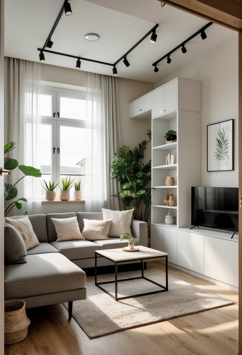 A small living room with a sofa, coffee table, built-in shelves, plants, and natural light coming through a window.