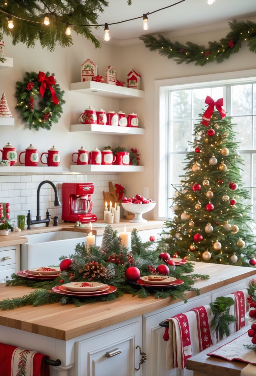 A kitchen decorated for Christmas with festive greenery, string lights, ornaments, and holiday-themed decorations arranged throughout the space.