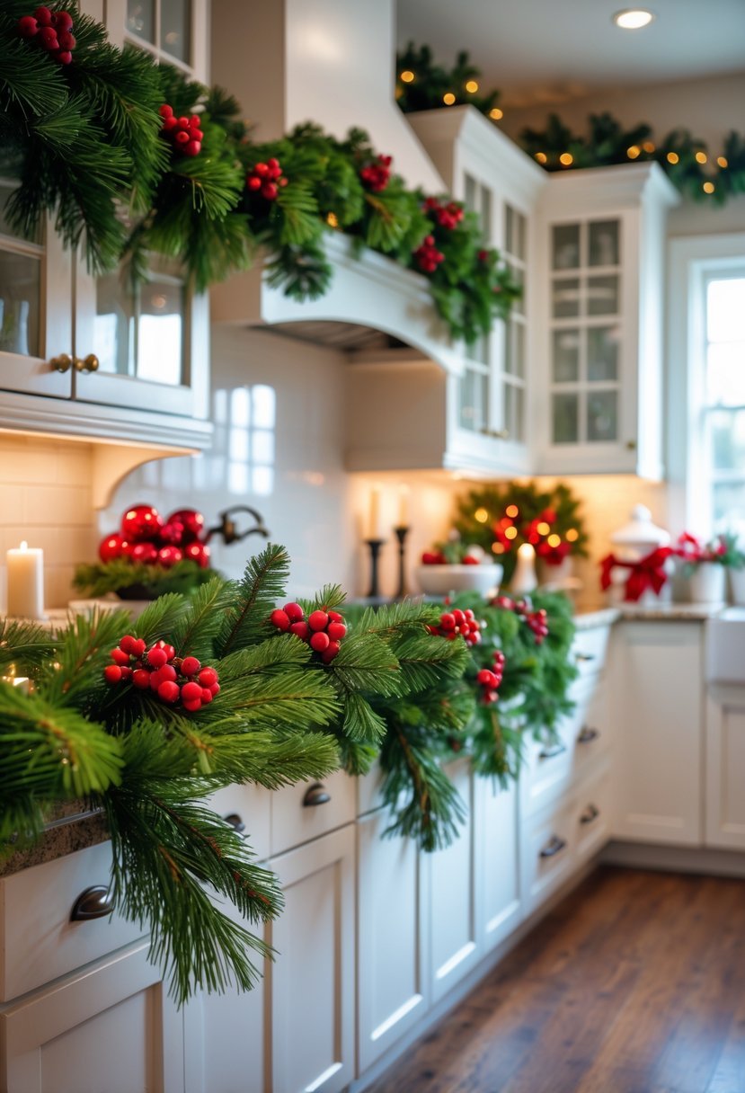 Kitchen cabinets decorated with red and green garlands for Christmas.