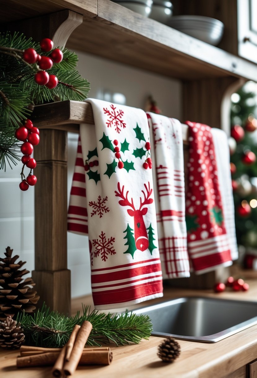 Christmas-themed dish towels hanging in a kitchen with holiday decorations around them.