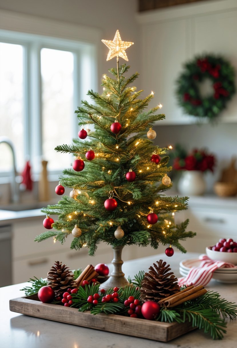 Miniature Christmas tree centerpiece decorated with ornaments and lights on a kitchen island surrounded by festive holiday decorations.