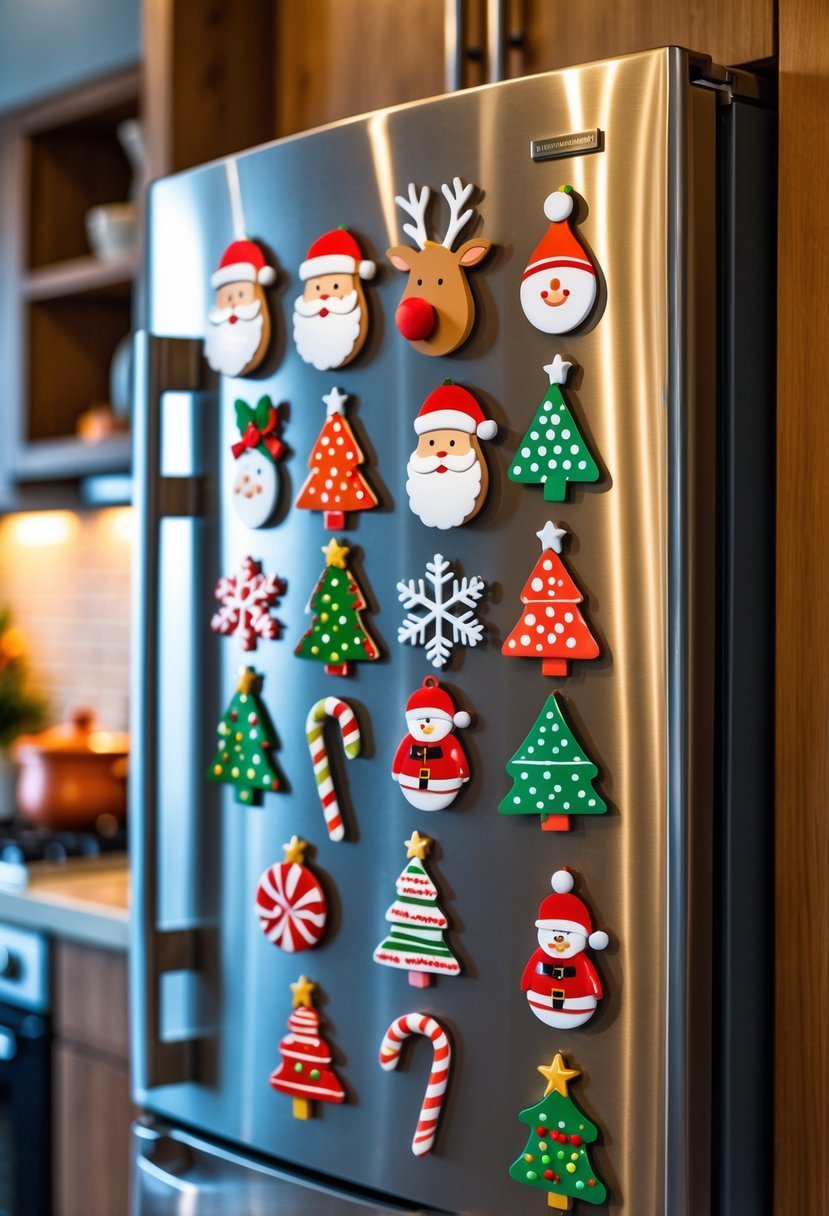 Refrigerator door decorated with colorful Christmas-themed magnets in a kitchen.
