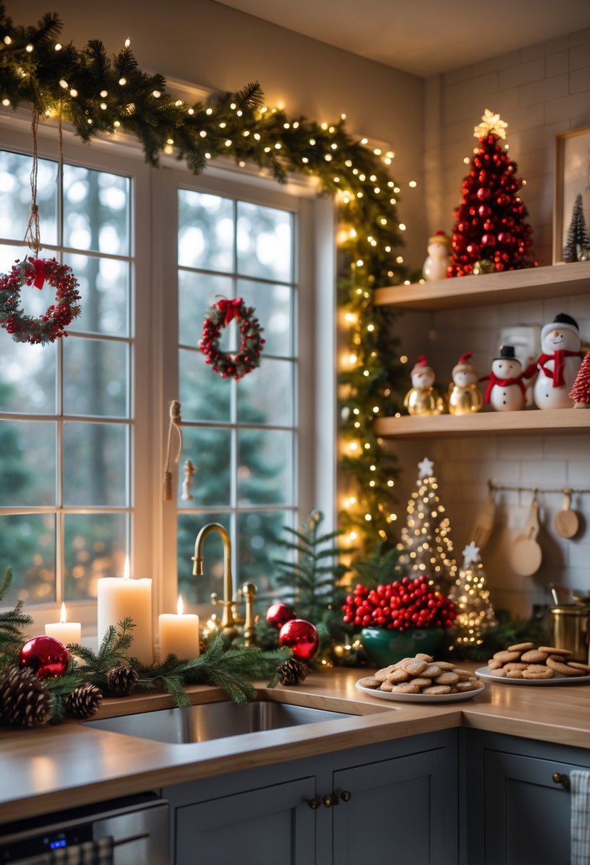 A kitchen decorated for Christmas with string lights around windows and shelves, holiday ornaments, and festive decorations on counters.