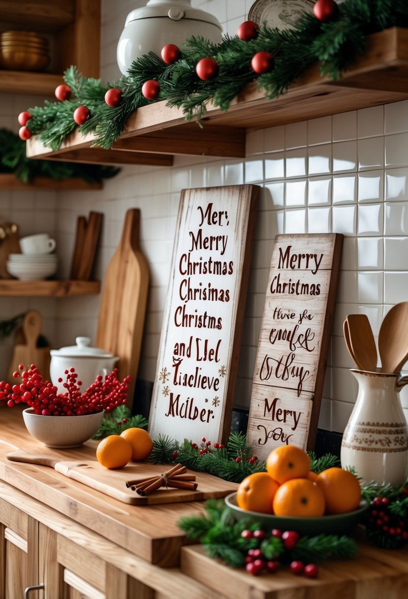 A cozy kitchen decorated for Christmas with rustic wooden signs and festive holiday accents.