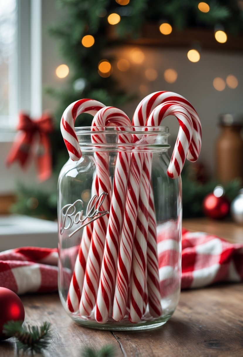 A Mason jar filled with candy canes on a wooden kitchen countertop surrounded by Christmas decorations.