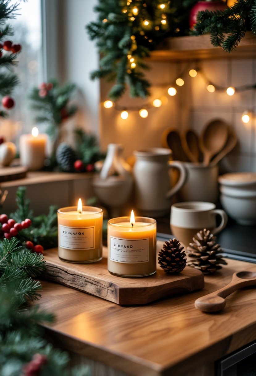A kitchen countertop decorated with cinnamon and pine scented candles, evergreen garlands, pinecones, and festive holiday kitchen items.