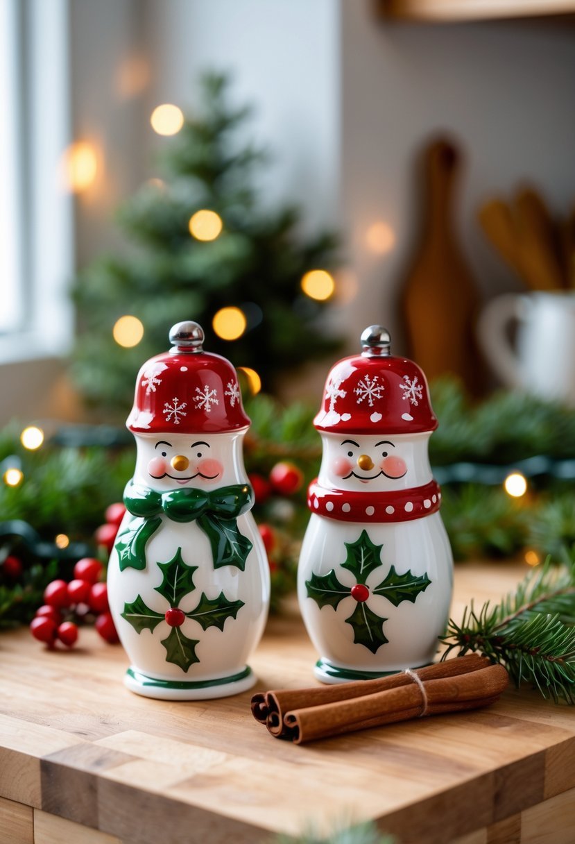 A pair of holiday-themed salt and pepper shakers on a kitchen counter surrounded by Christmas decorations like pine branches and red berries.