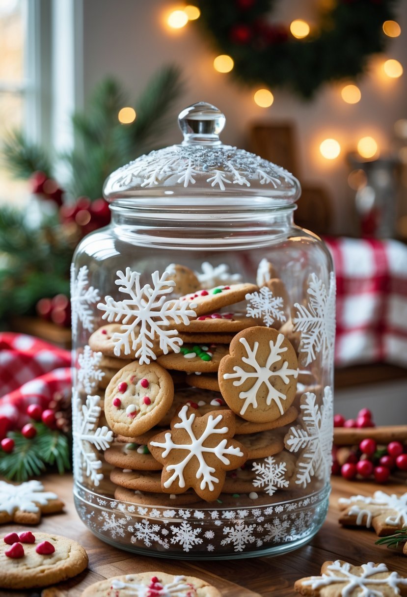 A festive cookie jar decorated with snowflakes filled with Christmas cookies on a kitchen countertop surrounded by holiday decorations.
