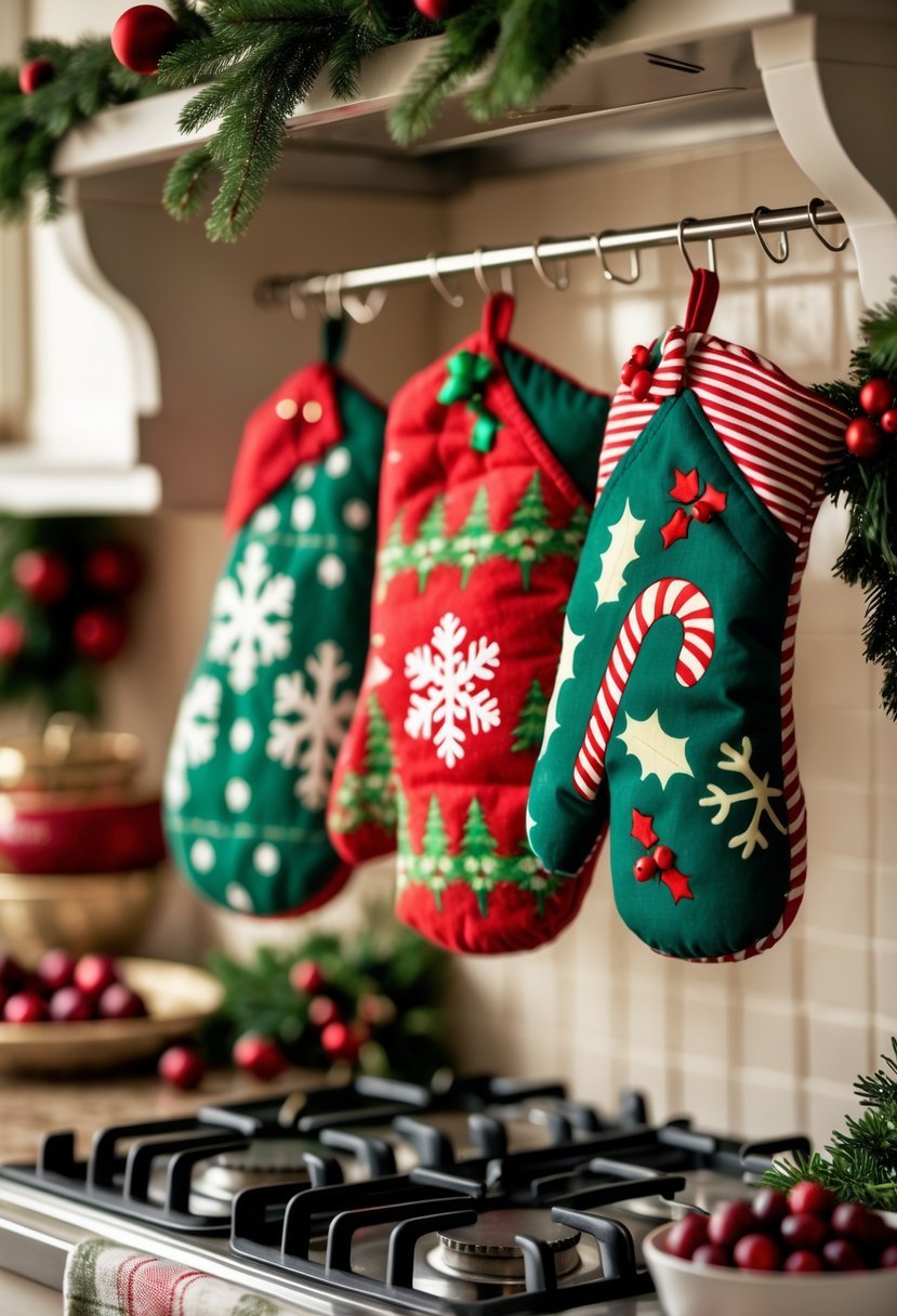 Christmas-themed pot holders and oven mitts hanging in a kitchen decorated for the holidays.