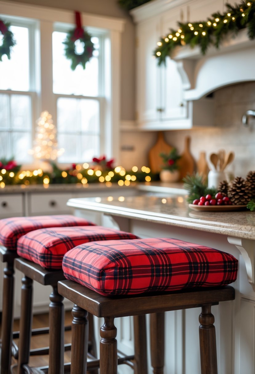 Kitchen stools with red plaid seat cushions around a kitchen island decorated with Christmas ornaments and natural light.