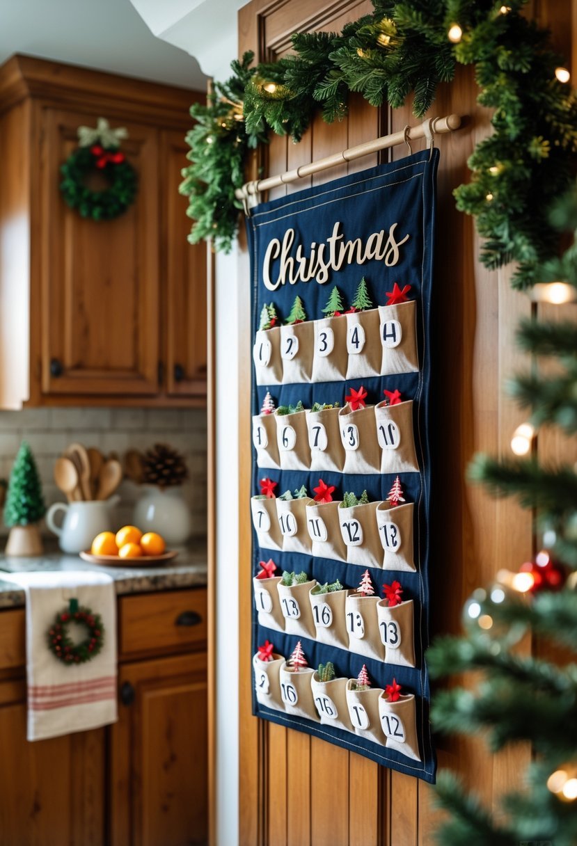 Advent calendar hanging on a kitchen wall or door surrounded by Christmas decorations and kitchen items.