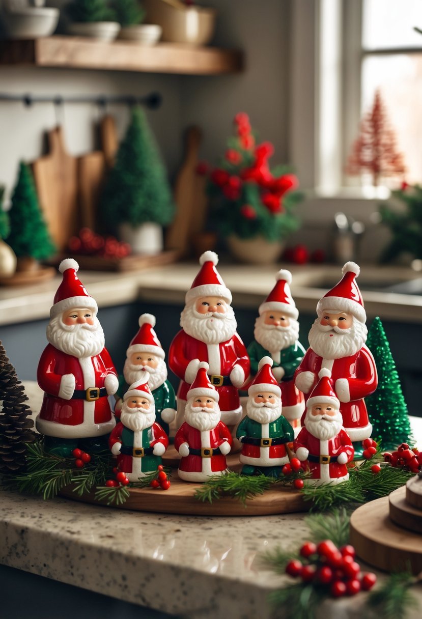 A group of ceramic Santa Claus figurines displayed on a kitchen countertop with festive decorations around them.