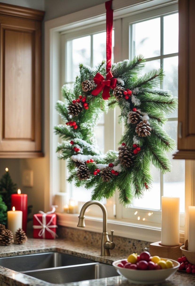 A festive Christmas wreath hanging inside a kitchen window with holiday decorations visible in the background.