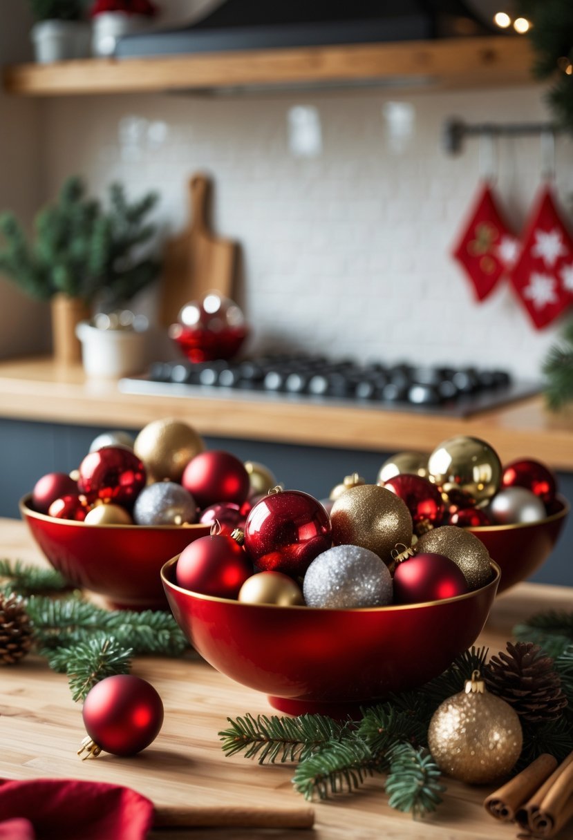 Red and gold bowls filled with Christmas ornaments placed on a kitchen countertop with holiday decorations around.