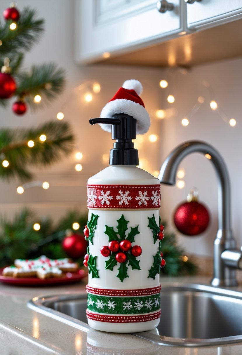 A holiday-themed dish soap dispenser on a kitchen sink with Christmas decorations around it.