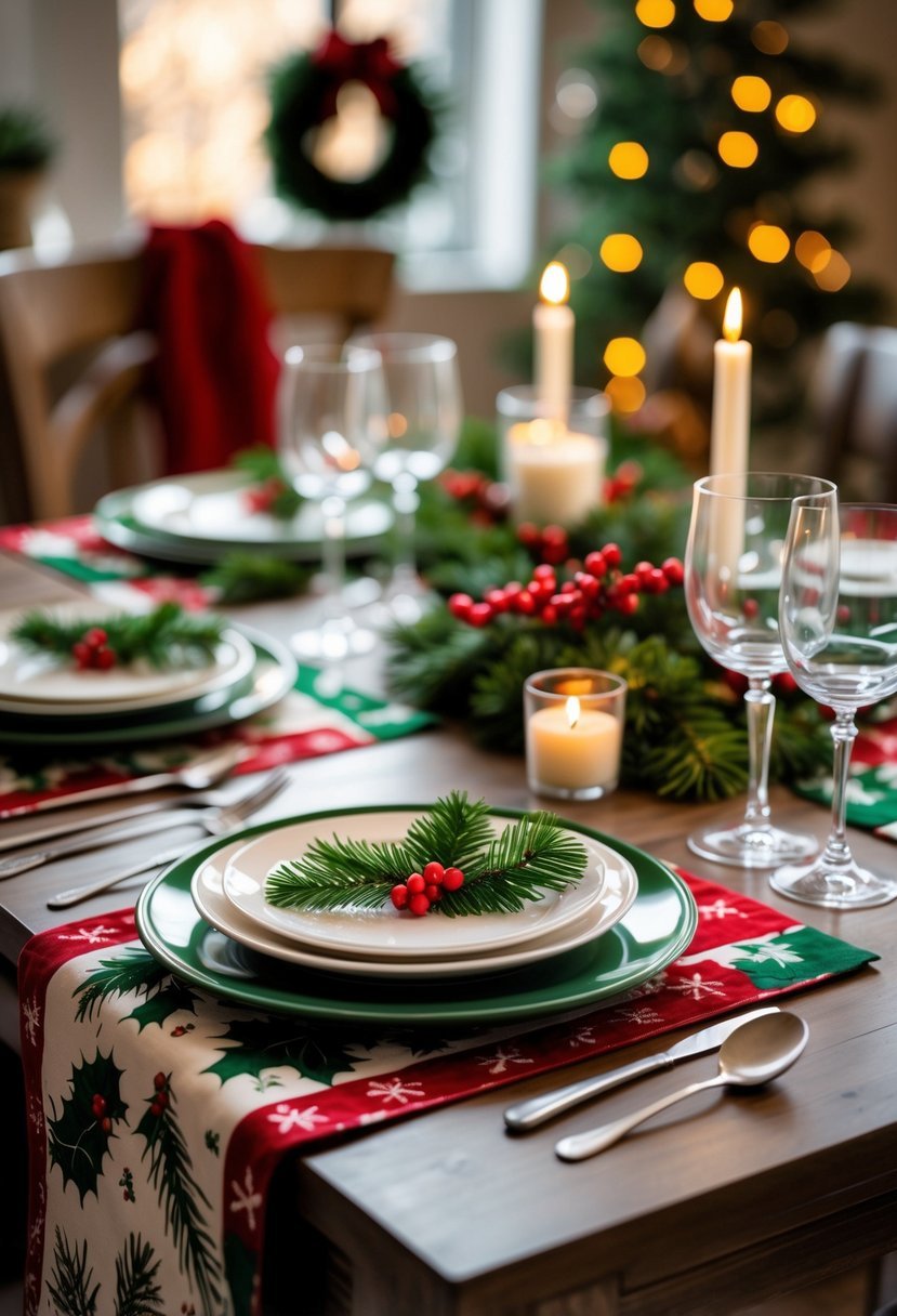 Dining table with Christmas-themed placemats and holiday decorations set for a festive meal.
