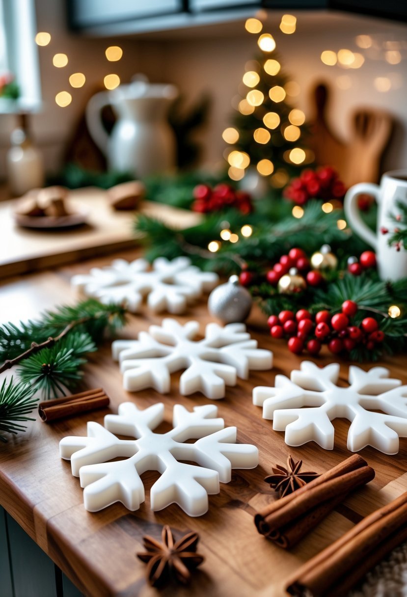 Snowflake-shaped silicone trivets on a wooden kitchen counter surrounded by Christmas decorations including pine branches and red berries.