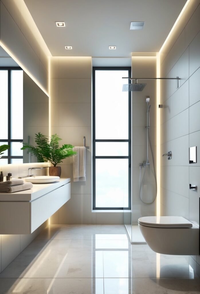 A modern windowless bathroom with a floating vanity, wall-mounted toilet, walk-in shower, and soft lighting.