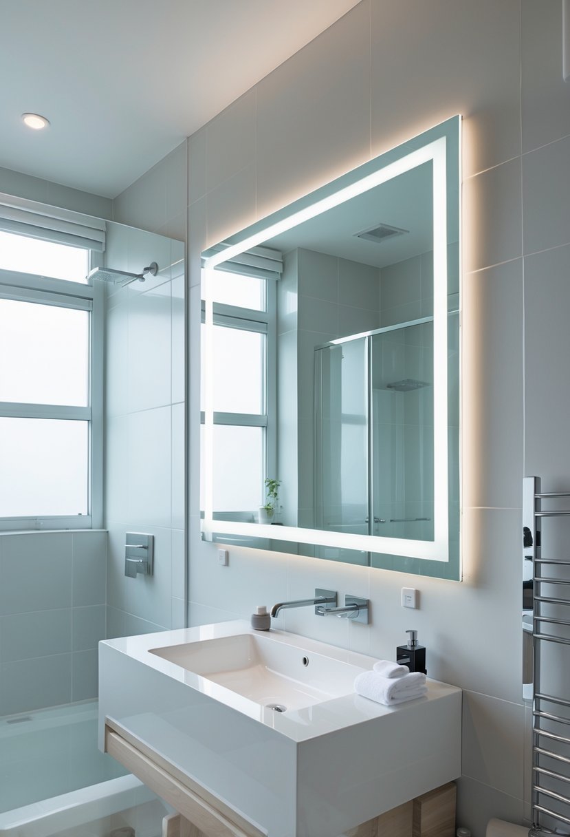 A windowless bathroom with a large frameless mirror reflecting light and making the space appear larger.