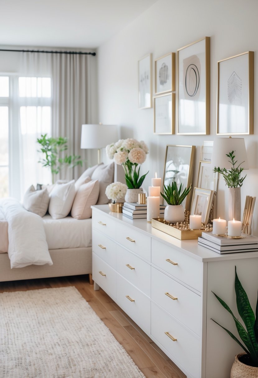 A bedroom with a long dresser decorated with various vases, lamps, plants, framed pictures, candles, and books, with a bed and window in the background.