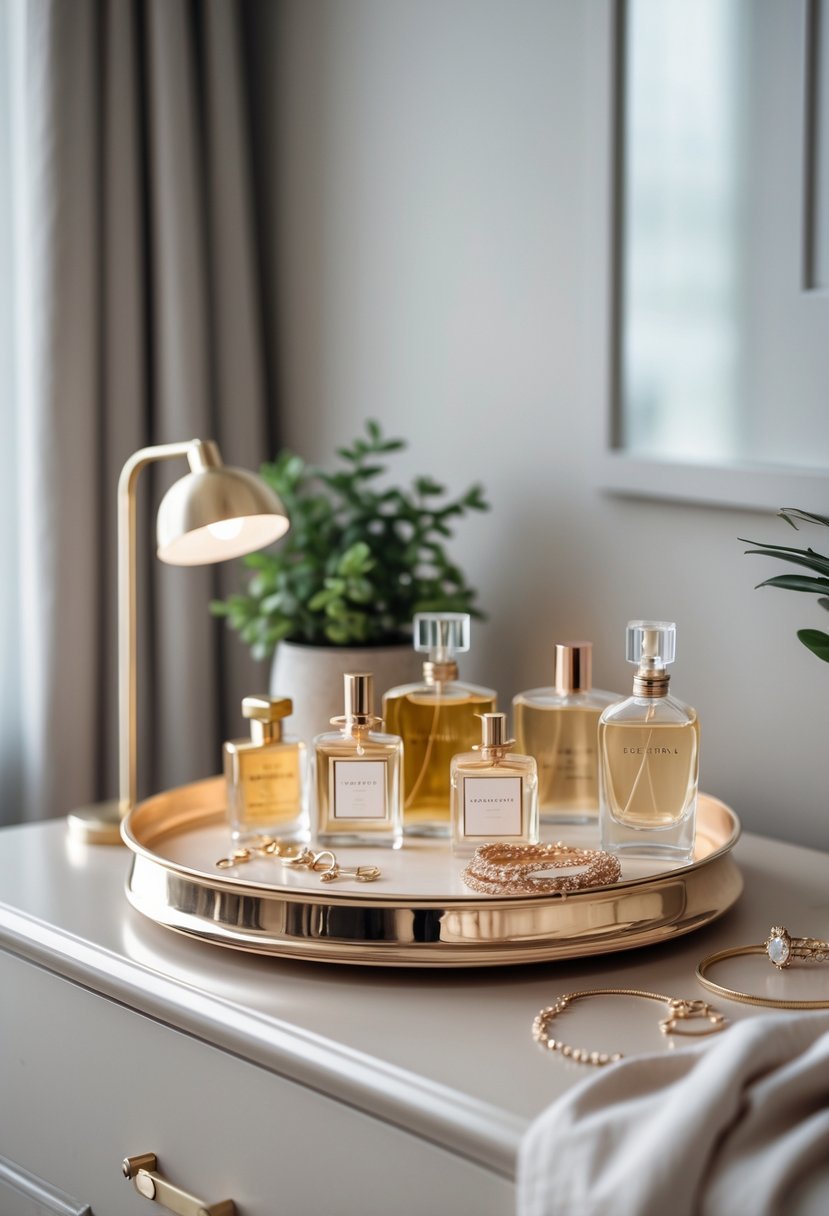A bedroom dresser with a decorative tray holding perfumes and jewelry, surrounded by a plant and a lamp.