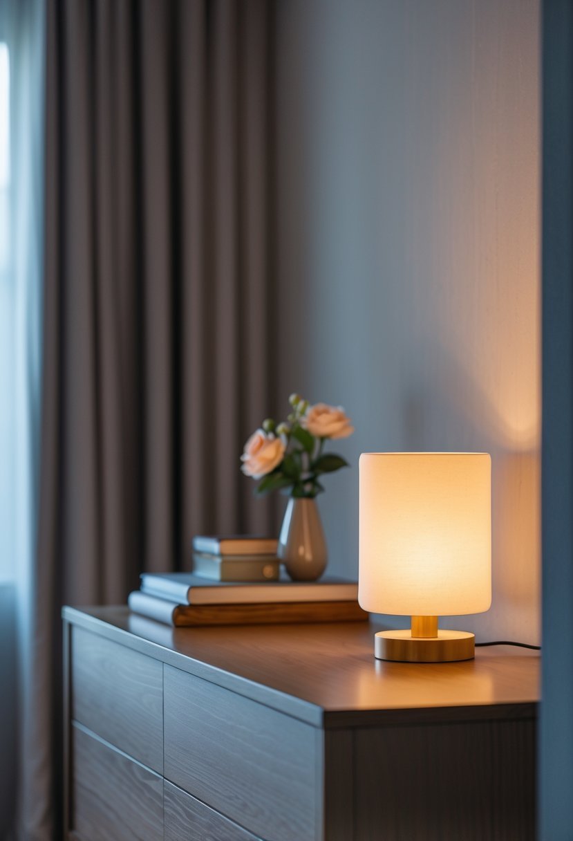 A bedroom dresser with a small elegant lamp emitting warm light, surrounded by decorative items including a vase with flowers and books.