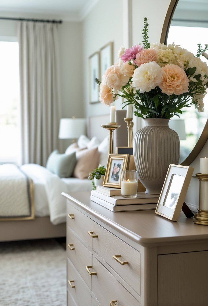 A bedroom dresser decorated with a vase of flowers and various decorative items, with a bed in the background.