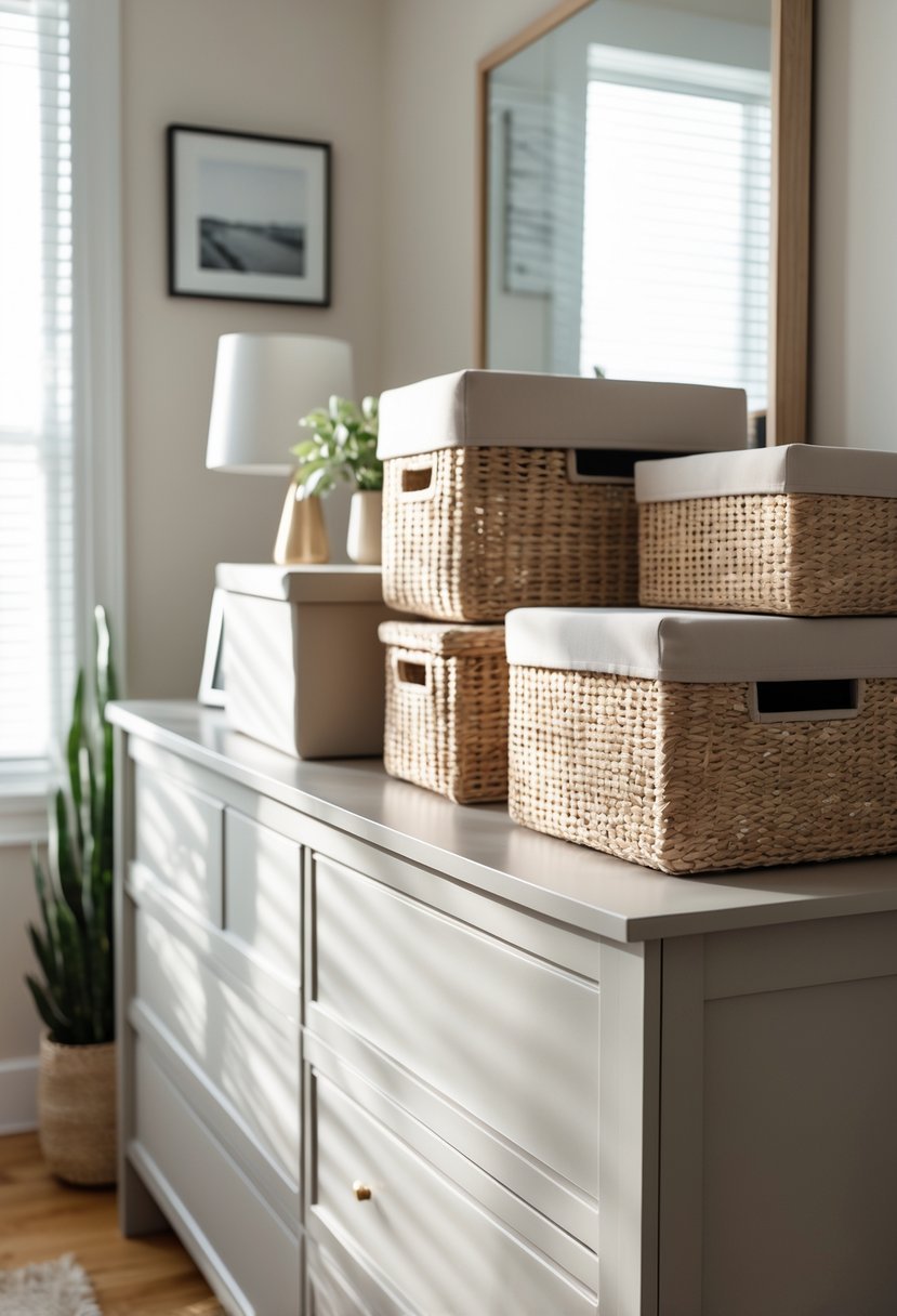 A bedroom dresser with matching storage boxes and baskets arranged neatly on top, along with a small plant and lamp.
