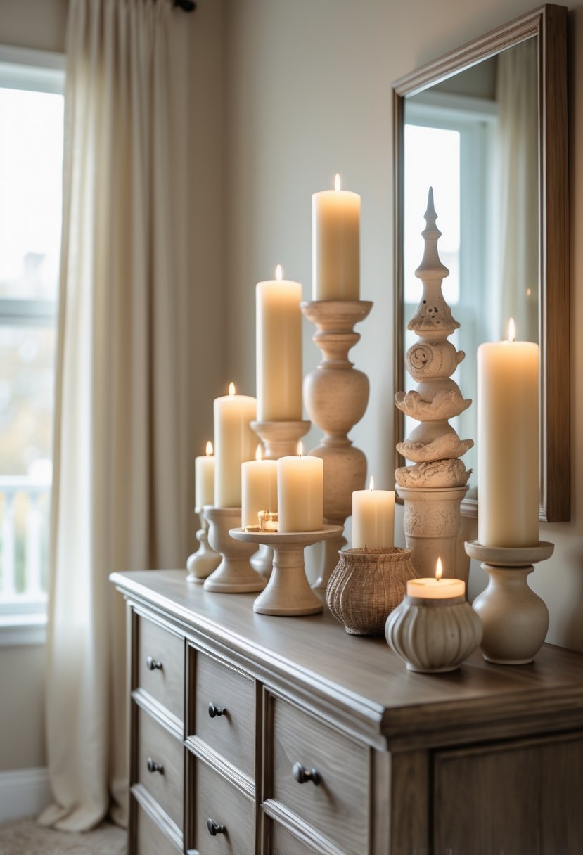 A bedroom dresser decorated with candles and sculptures arranged at different heights.