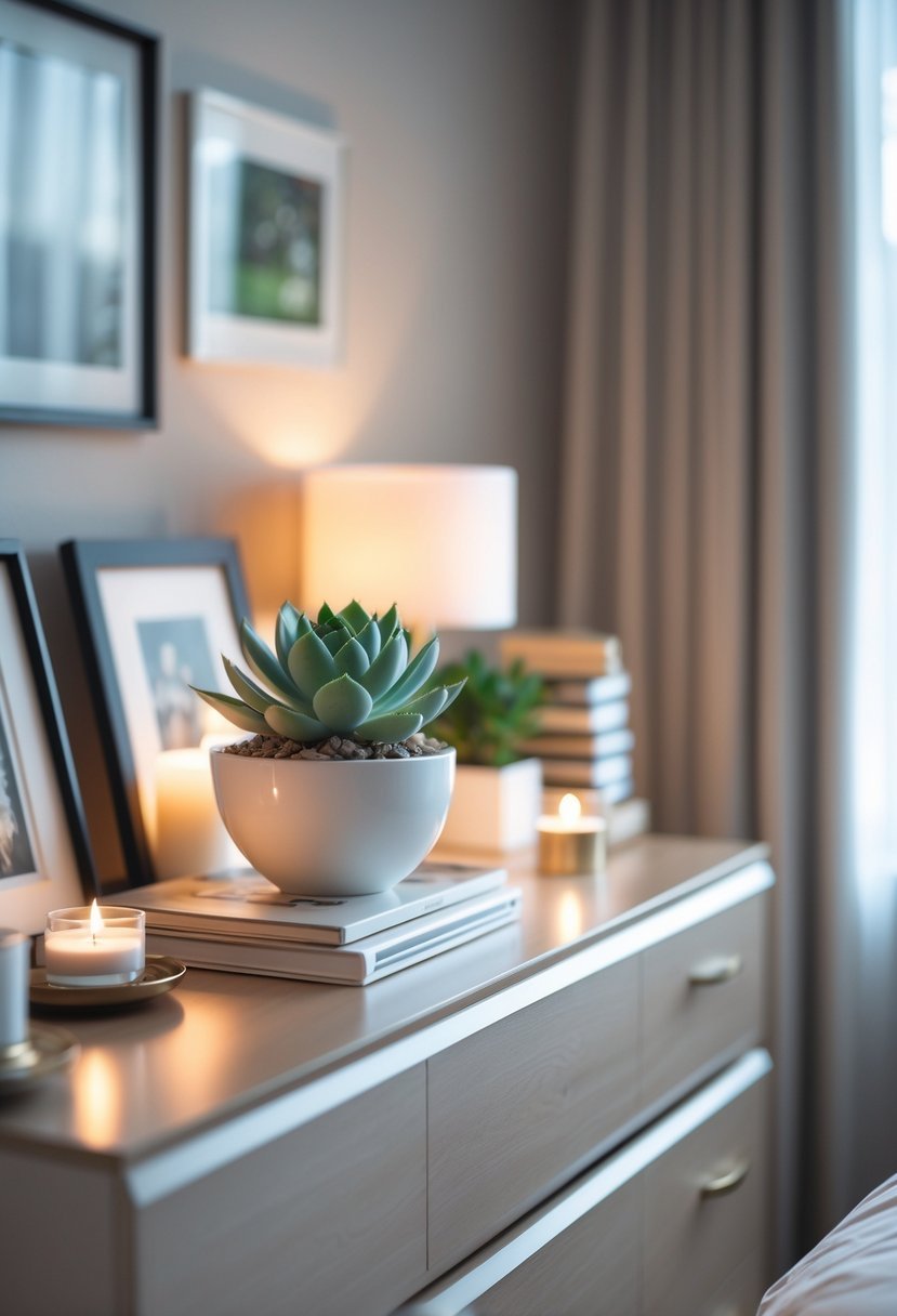 A bedroom dresser decorated with various items including a small indoor succulent plant in a pot.