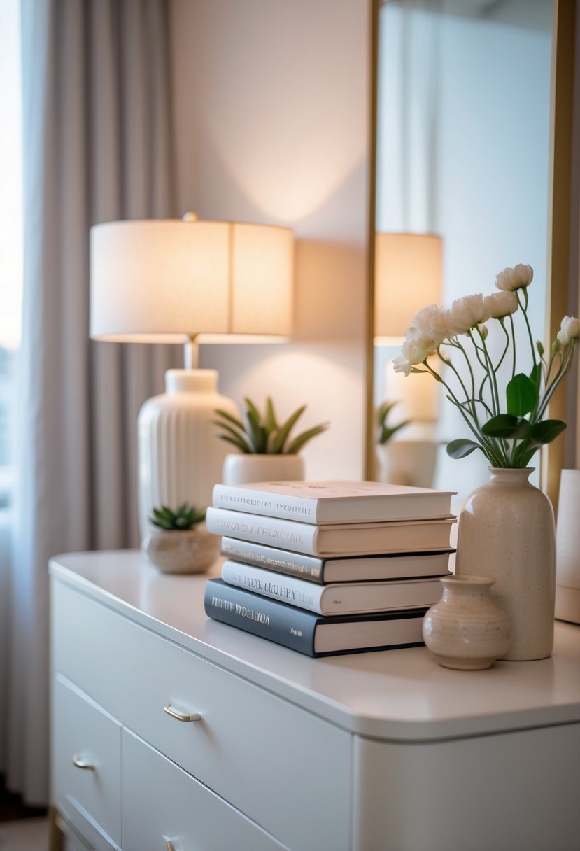 A stack of fashion books on a dresser with a small plant, vase with flowers, and a table lamp in a bedroom.