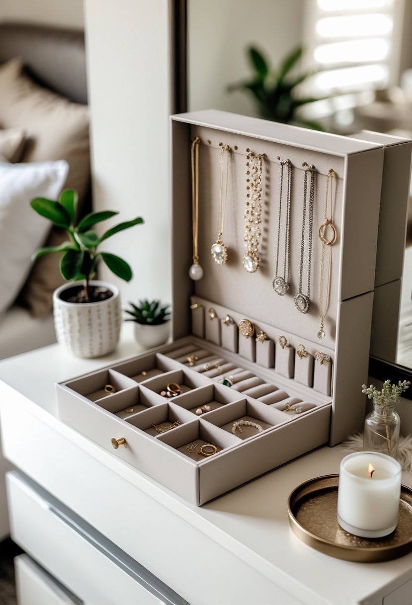 A jewelry organizer holding necklaces and rings on a dresser in a bedroom setting.