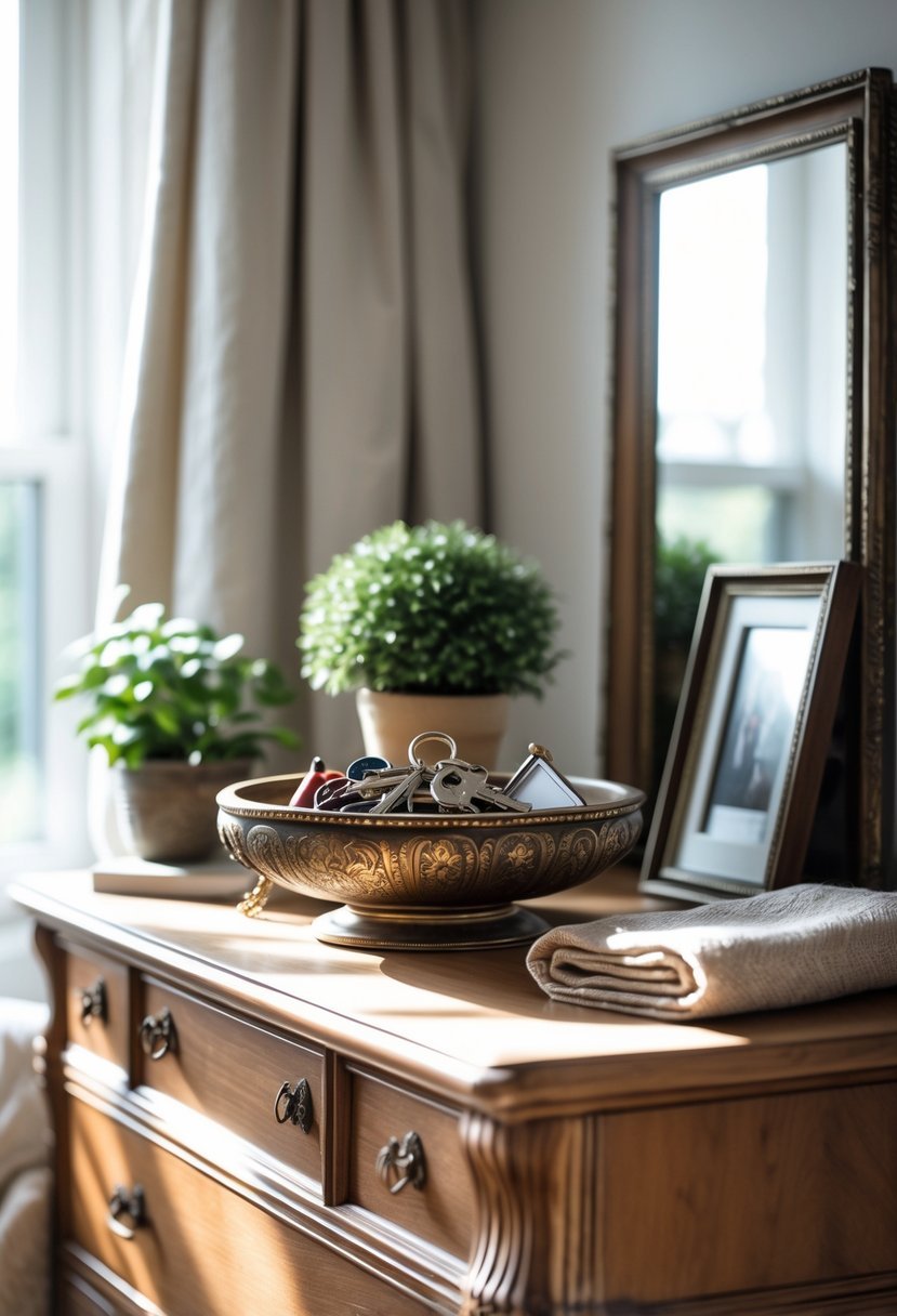 A bedroom dresser with a vintage bowl holding keys and small items, surrounded by decor and soft natural light.