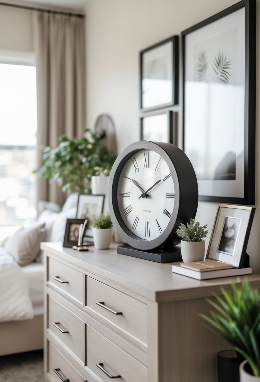 A bedroom dresser with a decorative clock and various decor items arranged on top.