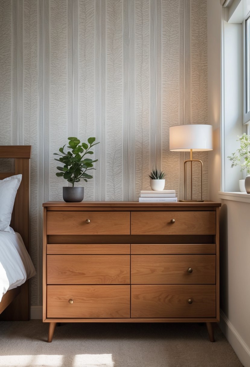 A wooden dresser against a wall with patterned wallpaper, decorated with a plant, books, and a lamp in a bedroom corner.