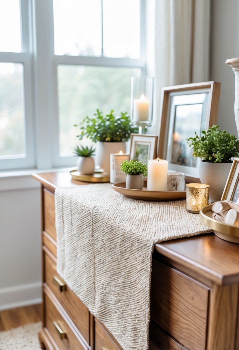 A bedroom dresser with a woven runner cloth on top, decorated with plants, candles, and framed photos.