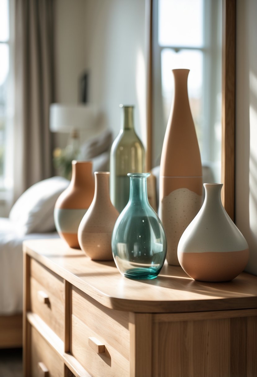 A wooden dresser with a collection of unique ceramic and glass bottles arranged on top in a bedroom.
