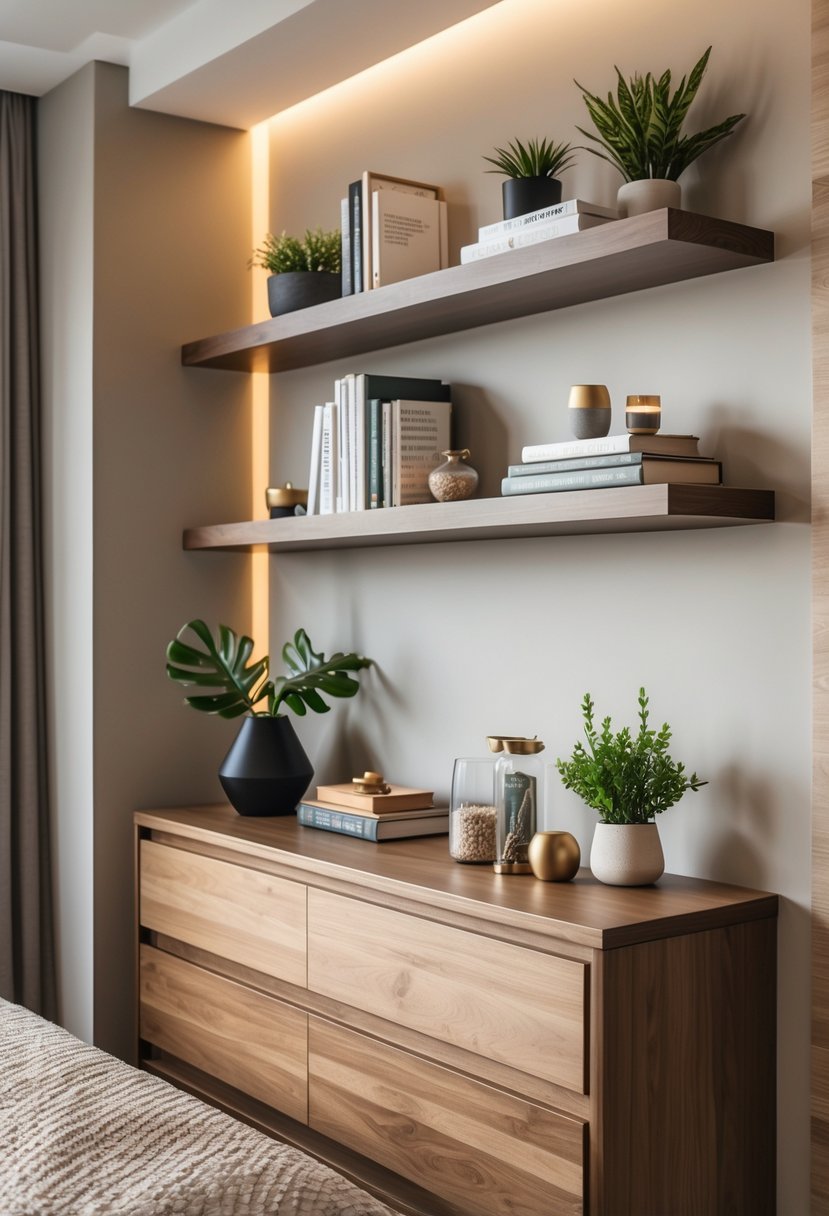 A bedroom with a wooden dresser and floating shelves above it holding books and plants.