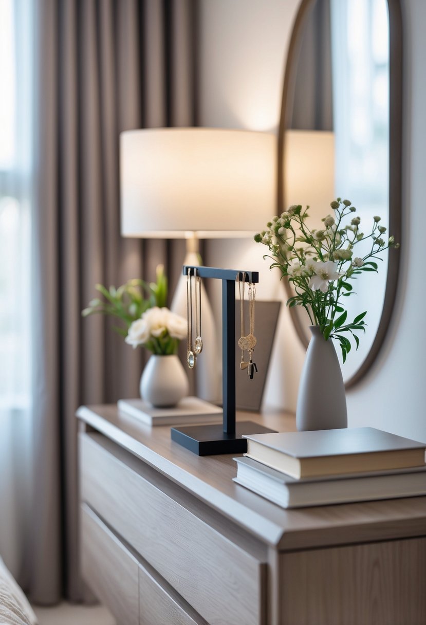 A bedroom dresser with a sleek jewelry stand, a vase with flowers, and books arranged neatly.