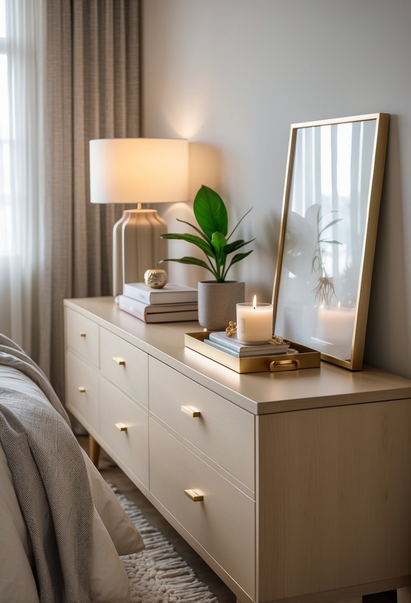 A bedroom dresser decorated with a lamp, plant, books, candle, jewelry, and artwork, with a bed and window in the background.