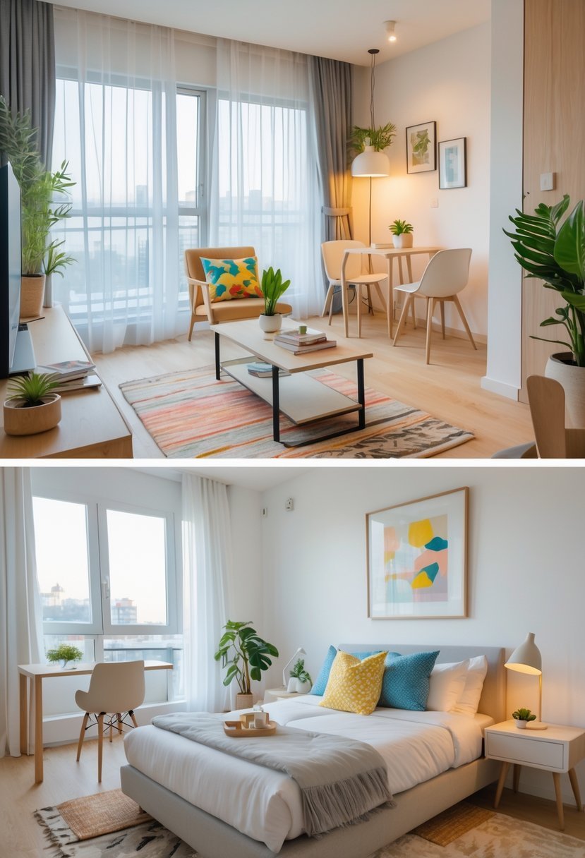 A well-decorated one-bedroom apartment interior with a living area, dining space, and bedroom, featuring furniture, plants, and natural light.