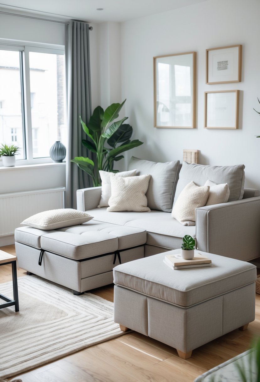 Living room of a one-bedroom apartment with a sofa bed and a storage ottoman used as a coffee table.