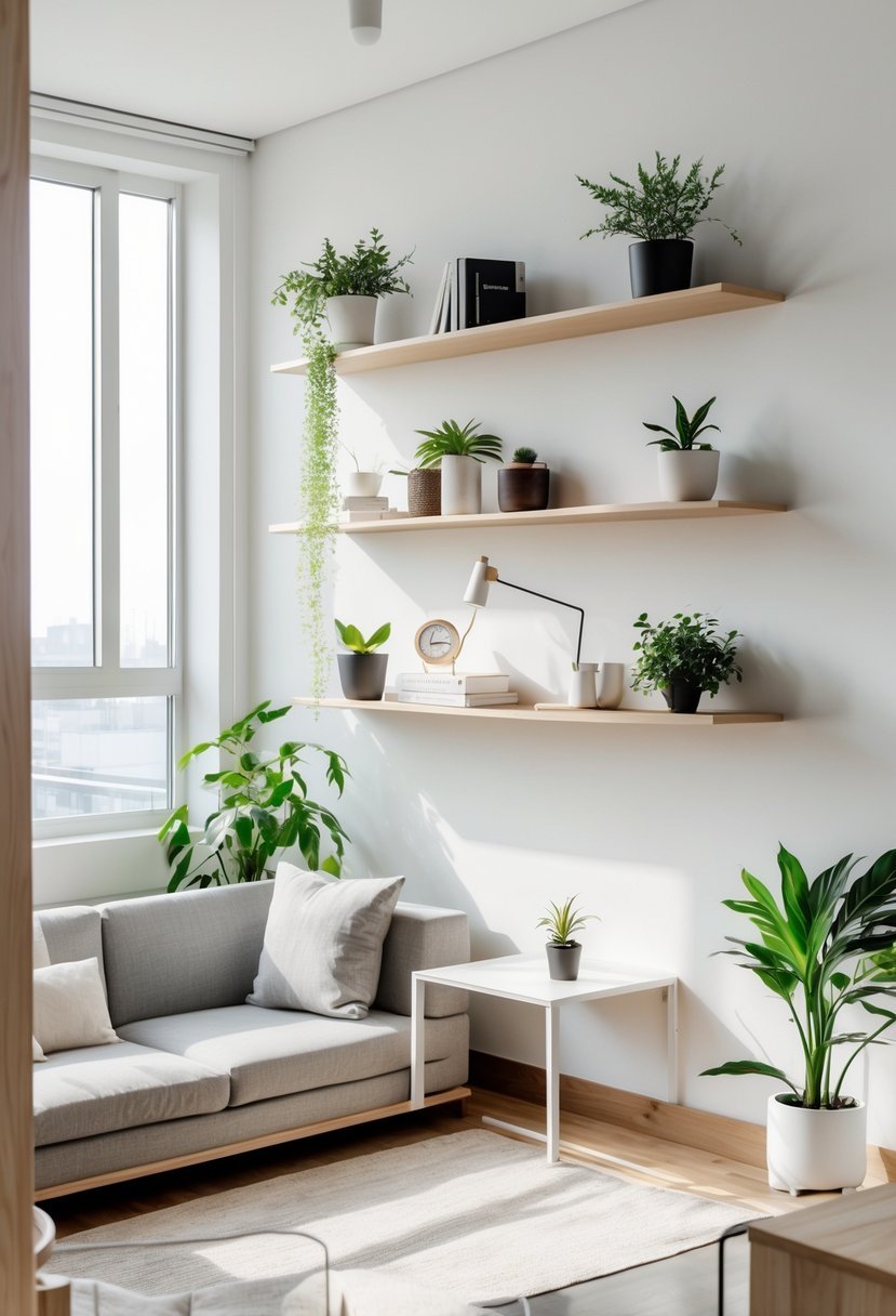 A one-bedroom apartment living area with floating shelves holding plants and books above a small sofa and coffee table.