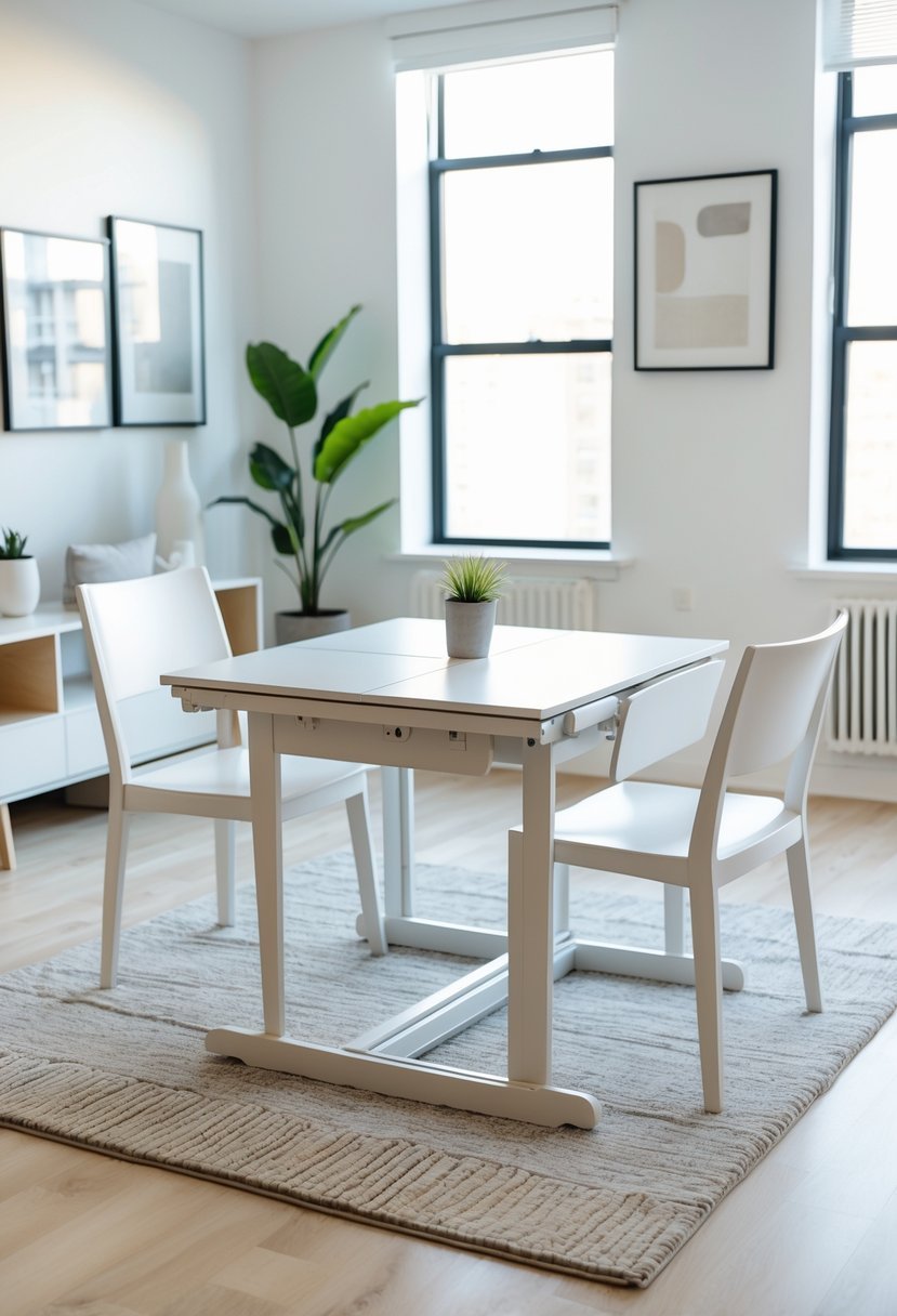 A one-bedroom apartment dining area with a foldable dining table partially unfolded, two chairs, and natural light coming through large windows.