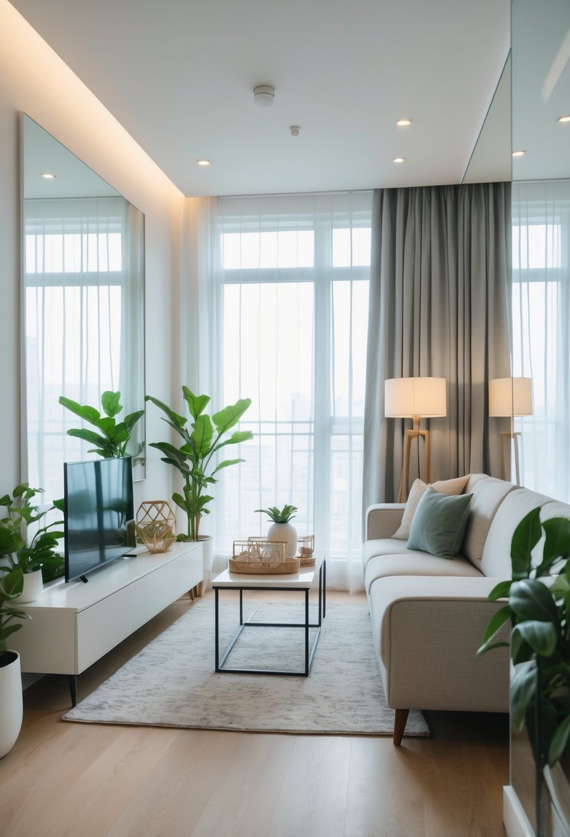 A one-bedroom apartment living room with a large wall mirror reflecting the space, a sofa, coffee table, and plants.